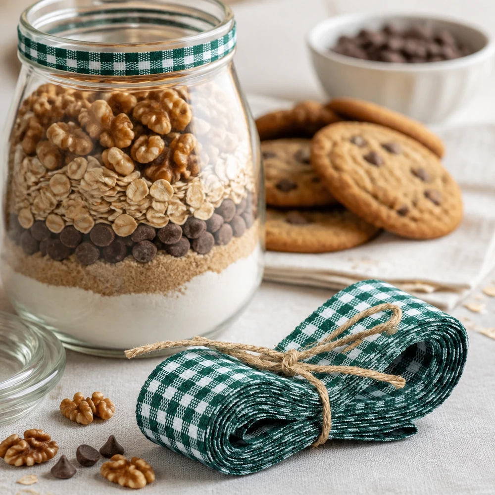 Grün-weißes Stoffband 300cm für Backmischung im Glas DIY-Geschenke mit Nüssen Cookies und Kaffeebohnen dekoriert