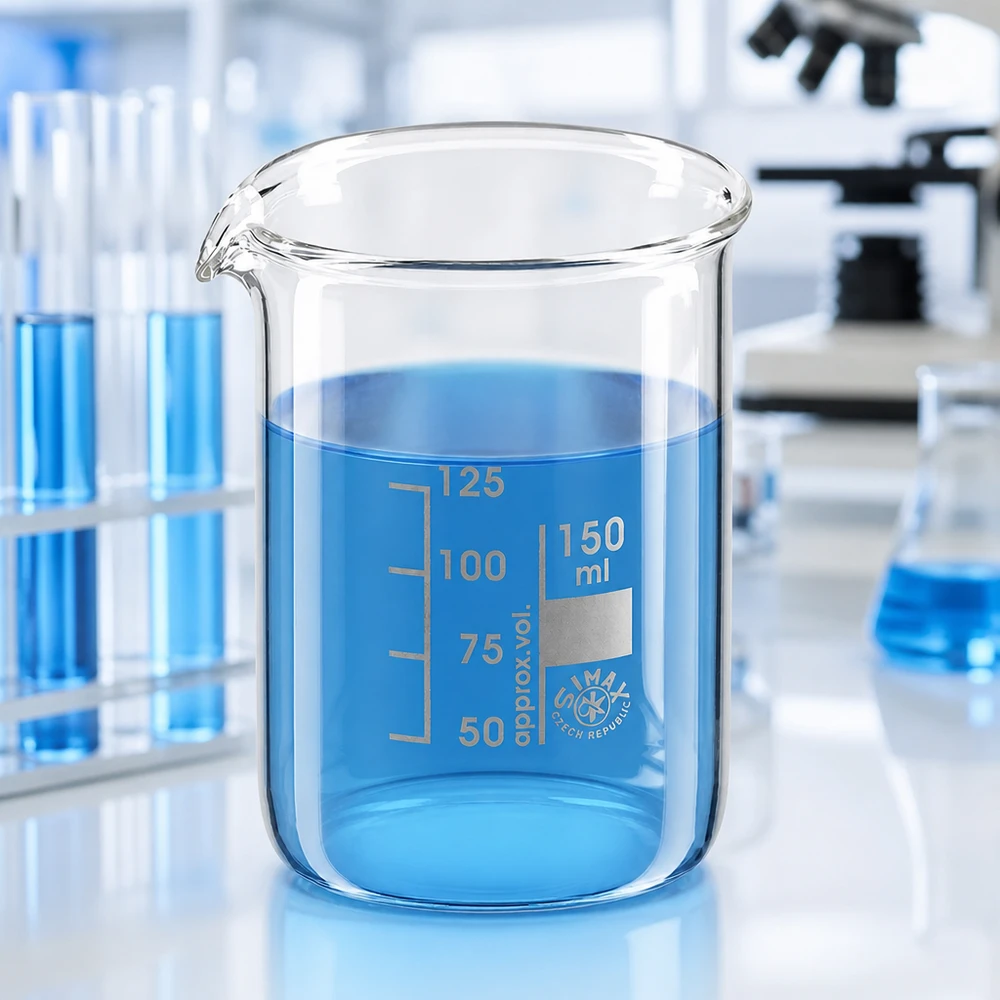 Becherglas 150ml Borosilikatglas, niedrige Form Becherglas 150ml Borosilikatglas niedrige Form für professionelle Laboranwendungen mit blauer Flüssigkeit