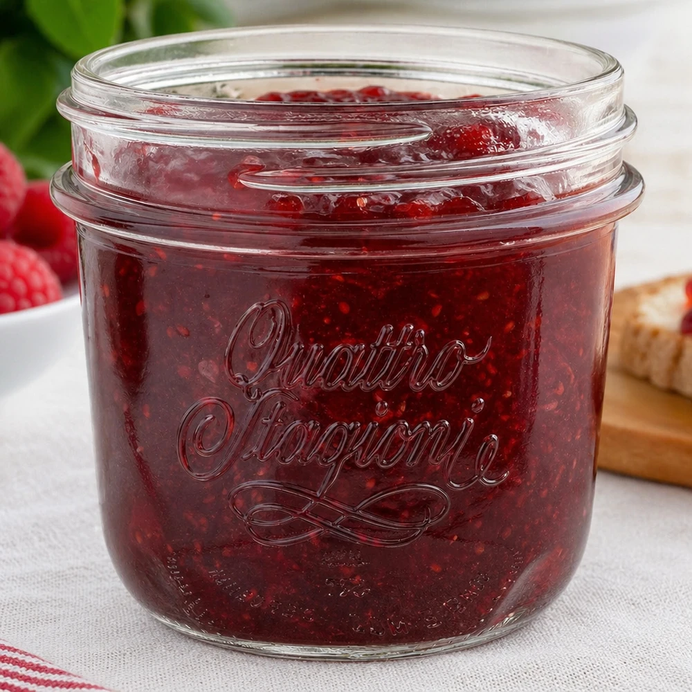 200ml Quattro Stagioni Schmuckglas mit roter Marmelade gefüllt, Bormioli Rocco Einmachglas für Gastronomie und Gewerbe