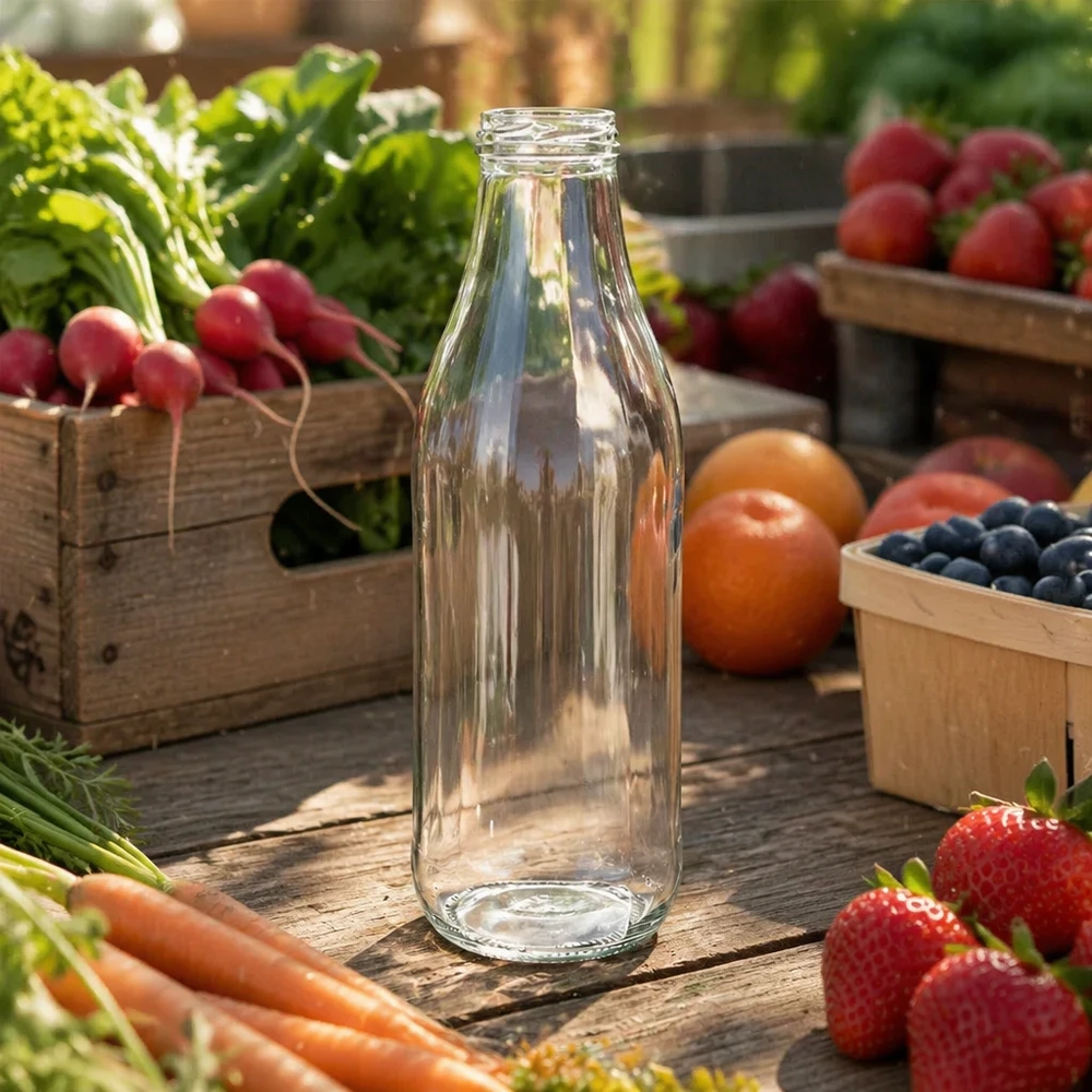 1000ml Glasflasche ohne Deckel (TO48) UNiTWIST 1000ml UNiTWIST Glasflasche TO48 leer auf Holztisch mit frischem Obst und Gemüse Outdoor Szenerie Naturlook