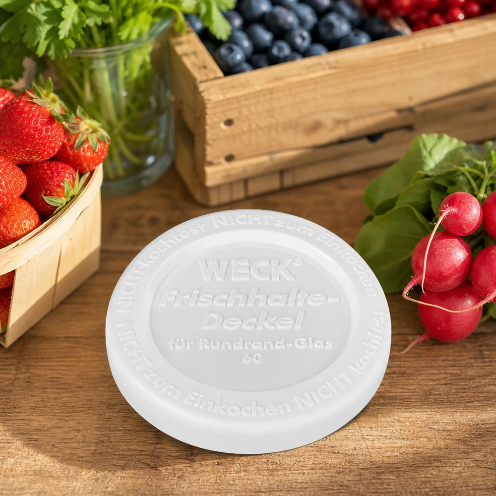 WECK Frischhaltedeckel RR60 WECK Frischhaltedeckel RR60 Lifestyle-Szene Holztisch frisches Obst Gemüse Erdbeeren Blaubeeren Radieschen Kräuter