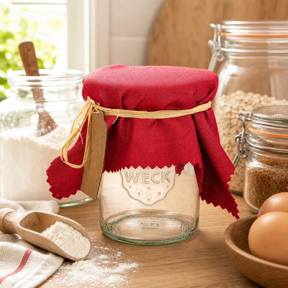 Stoff Schmuckdeckchen bordeaux 15cm eckig Bordeauxrotes Stoff Schmuckdeckchen 15cm auf WECK Glas mit Raffia-Band in gemütlicher Landhausküche mit Eiern und Mehl