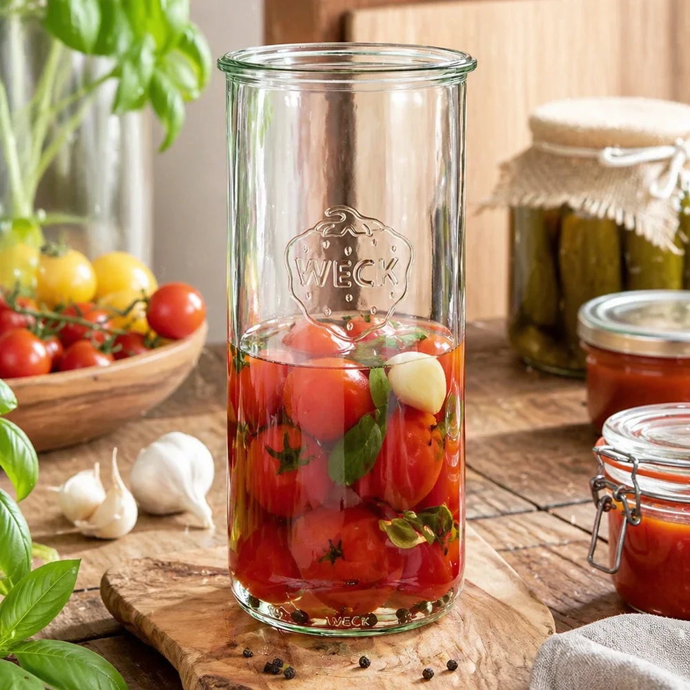 1500ml WECK Sturzglas RR100 mit eingelegten Tomaten auf Holzbrett, umgeben von frischen Tomaten und Einmachgläsern
