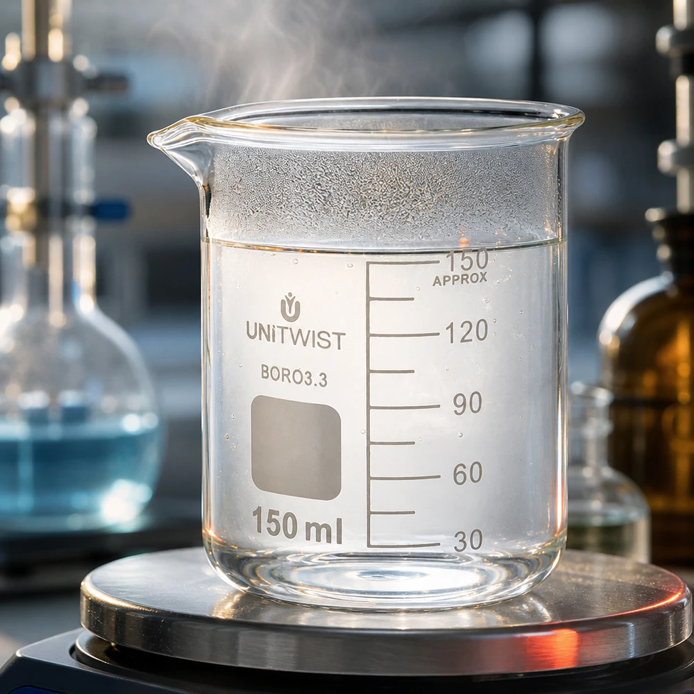 Becherglas 150ml Borosilikat niedrige Form UNiTwist für Labor und Gewerbe auf Waage