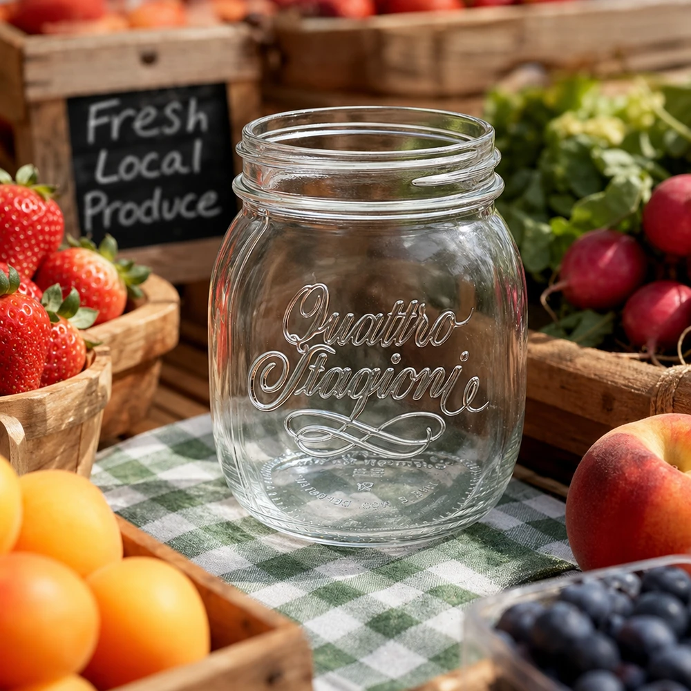 700ml Rundglas "Quattro Stagioni" QS86mm 700ml Quattro Stagioni Haushaltsglas auf karierter Tischdecke umgeben von frischem Obst und Gemüse in Holzkisten