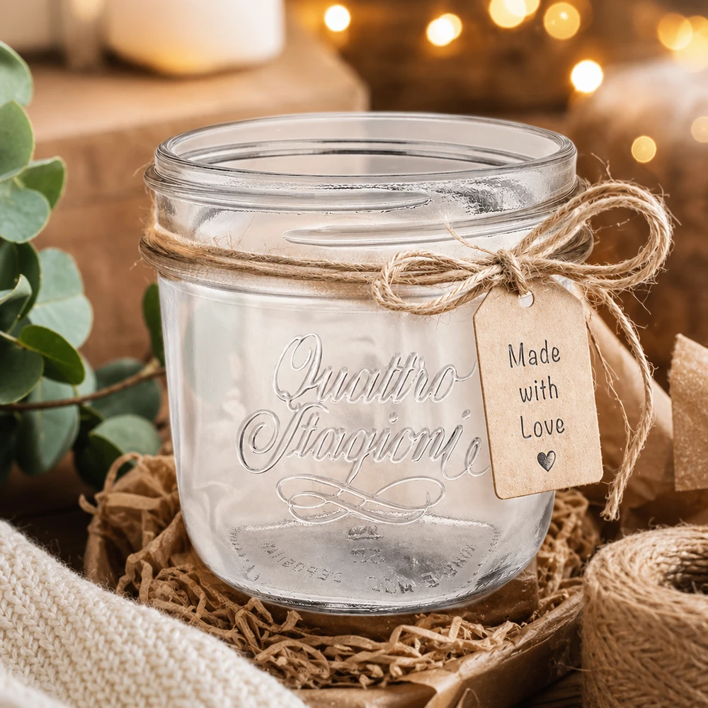 200ml Quattro Stagioni Schmuckglas mit Juteband und Anhänger Made with Love in rustikaler Dekoration