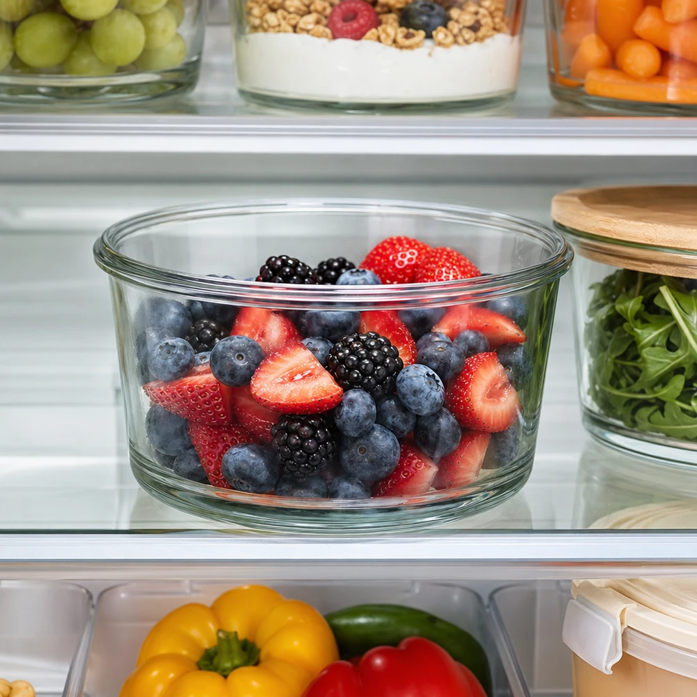 WECK Gourmetglas RR80 165ml im Kühlschrank mit frischen Beeren gefüllt neben Gemüse und anderen Glascontainern