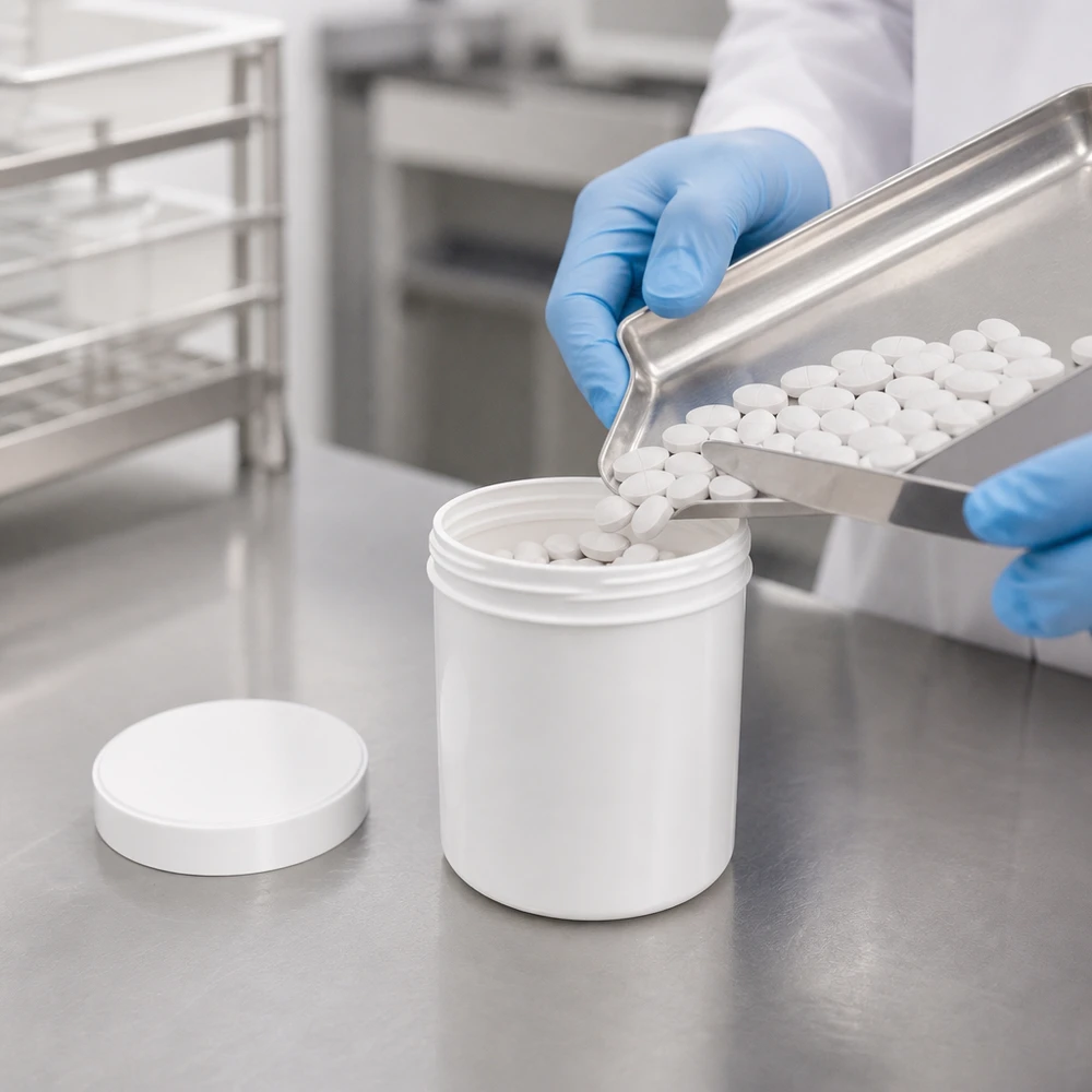 Salbenkruke 20g weiß mit weißem Schraubdeckel (Polypropylen) Weiße PP-Salbenkruke 20g mit Schraubdeckel für pharmazeutische und kosmetische Abfüllung im Labor