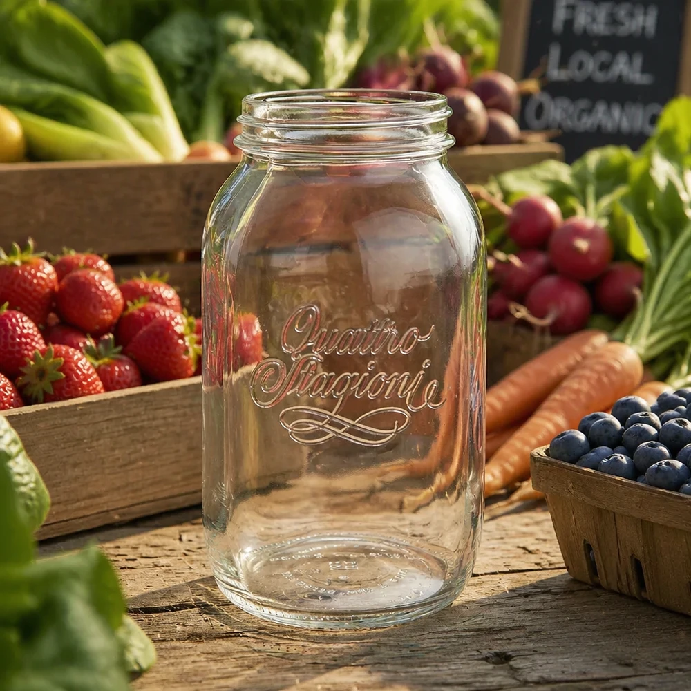 1500ml Quattro Stagioni Haushaltsglas Einmachglas auf Holztisch mit frischem Obst und Gemüse im Hintergrund