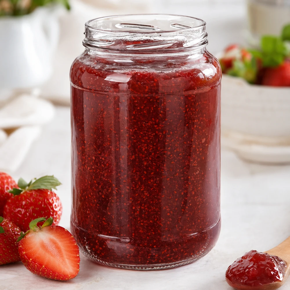 UNiTWIST Runda1700 Sturzglas 1700ml TO100 mit selbstgemachter Erdbeermarmelade frische Erdbeeren Frühstückstisch weiß