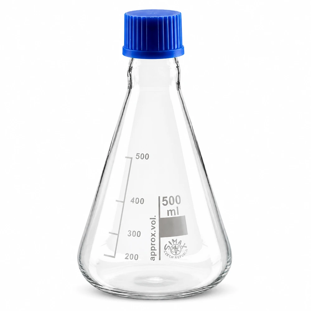 Erlenmeyerkolben 500ml Glas mit blauer Schraubkappe für professionelle Laboranwendungen bei Pacadura.de