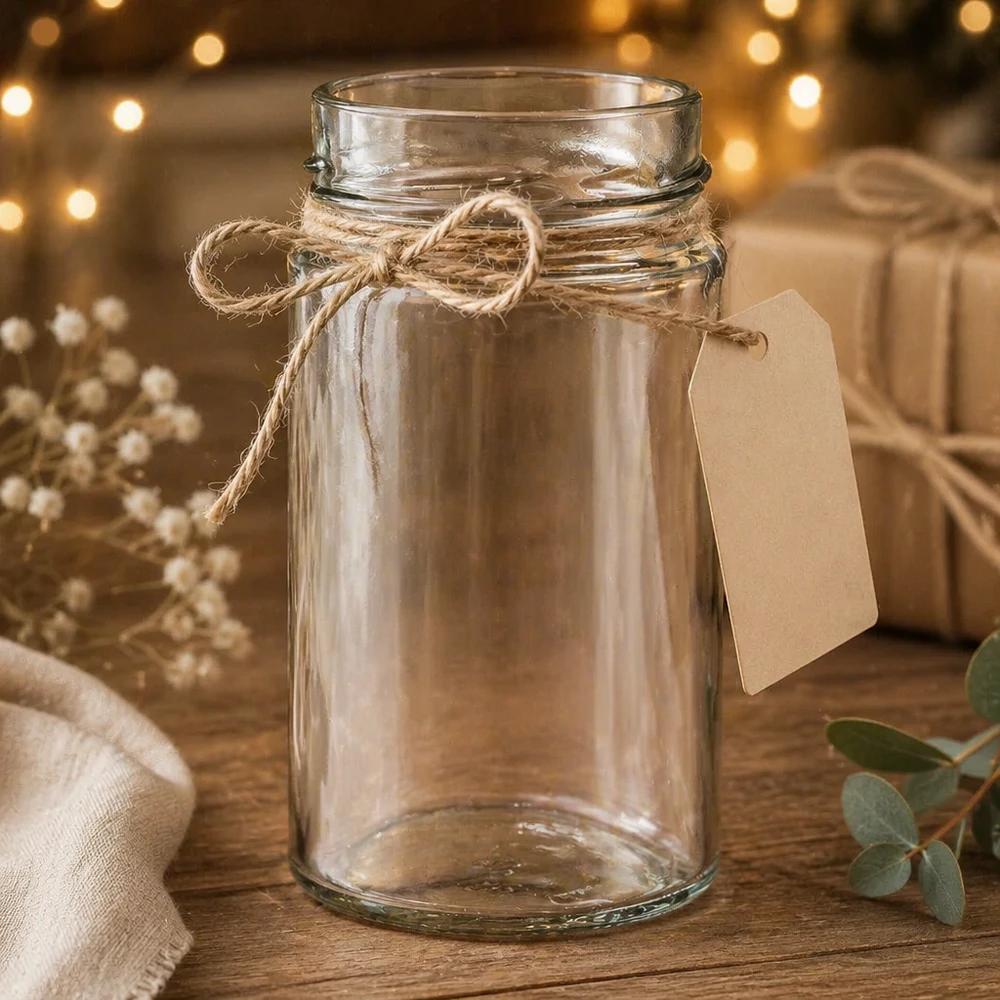 UNiTWIST Runda245 Rundglas 245ml TO58deep Einmachglas mit Juteschnur und Etikett auf Holztisch rustikal dekoriert