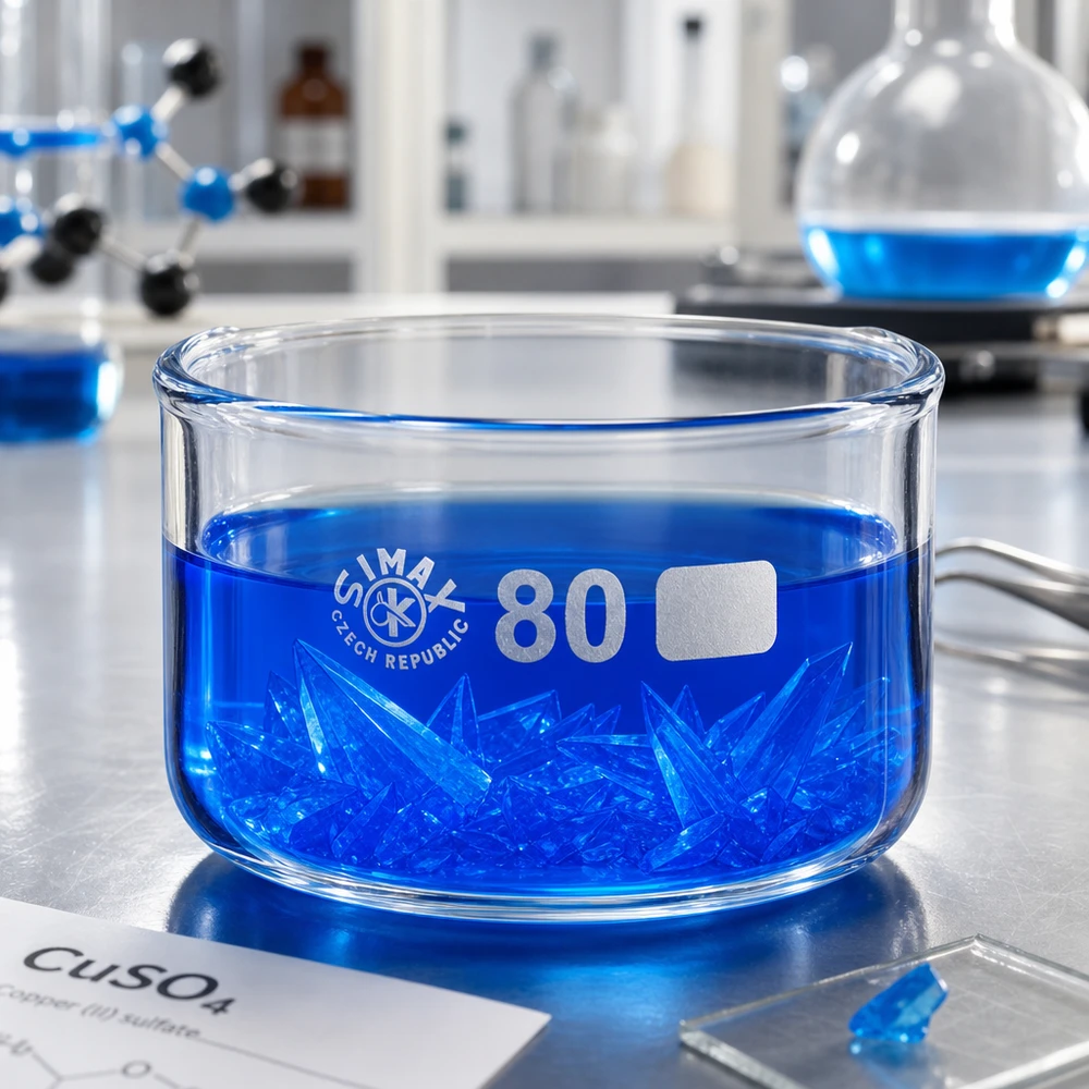 150ml Kristallisierschale ohne Ausguss Borosilikat ø80mm Kristallisierschale 150ml ohne Ausguss Borosilikatglas ø80mm mit Kupfersulfat-Kristallen Labor