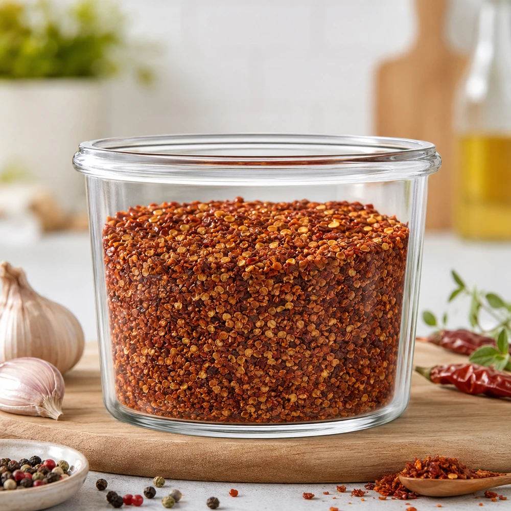 WECK Sturzglas 35ml RR40 mit Chili-Gewürzmischung gefüllt in moderner Küche auf Holzbrett