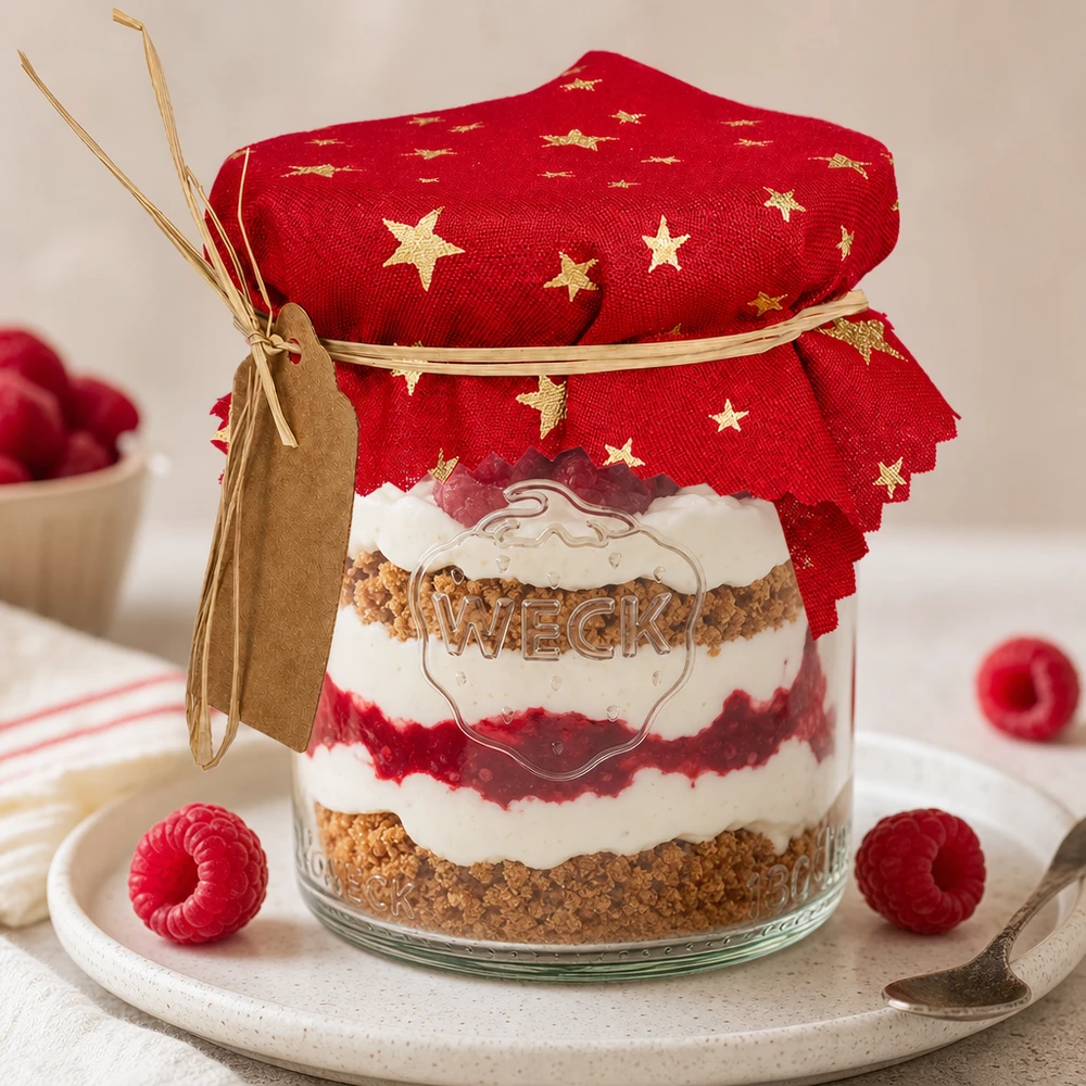Stoff Schmuckdeckchen rot "Sterne" 12cm eckig Rotes Schmuckdeckchen mit goldenen Sternen auf Dessertglas Himbeer-Schichtdessert 12cm eckig Tischdeko