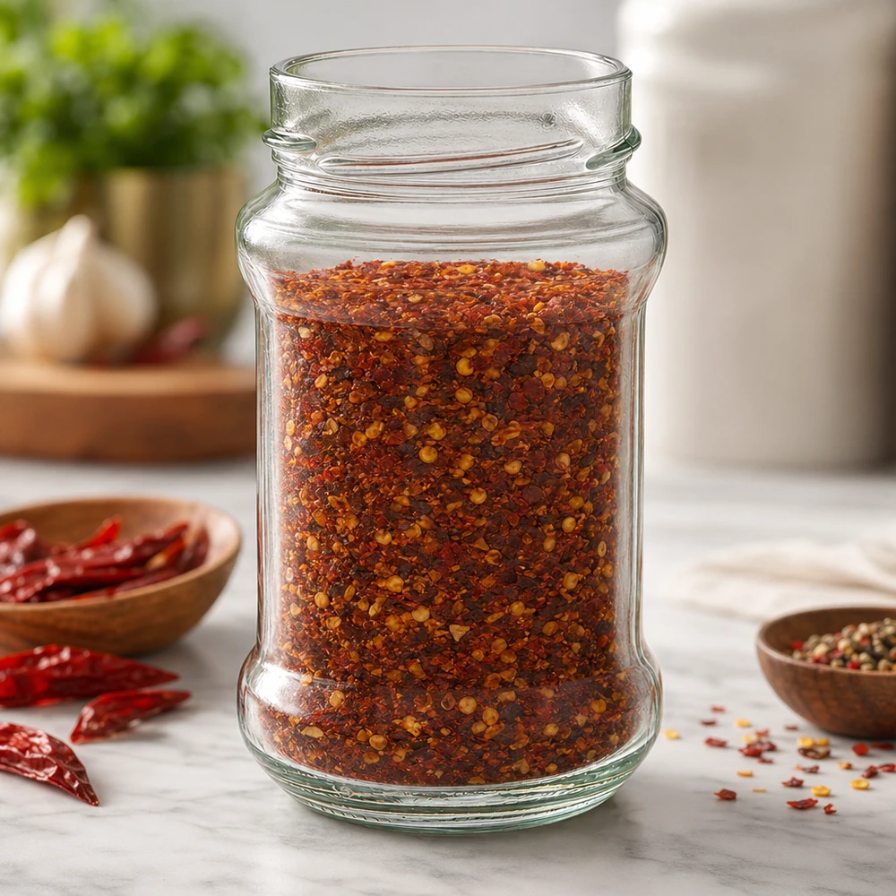 Rundglas 390ml mit Chili-Gewürzmischung gefüllt UNiTWIST Runda390 TO66deep Glasdose für Küche und Vorratshaltung