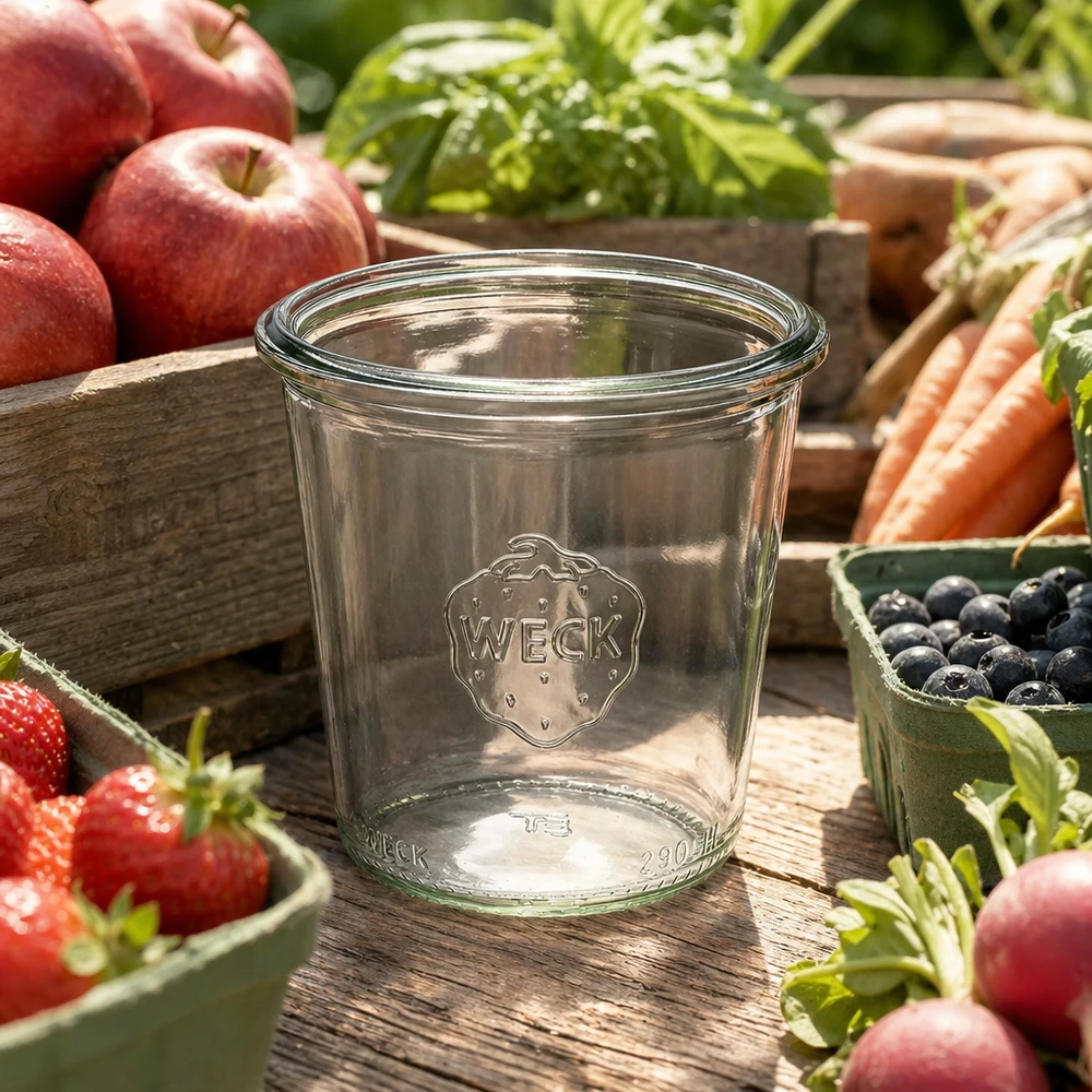 WECK Sturzglas 290ml RR80 hoch aus Glas mit Logo umgeben von frischem Obst und Gemüse auf Holztisch