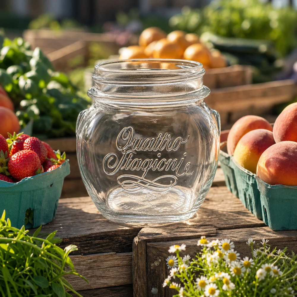 300ml Quattro Stagioni Haushaltsglas leer auf Holztisch mit frischen Erdbeeren und Pfirsichen in rustikaler Küche