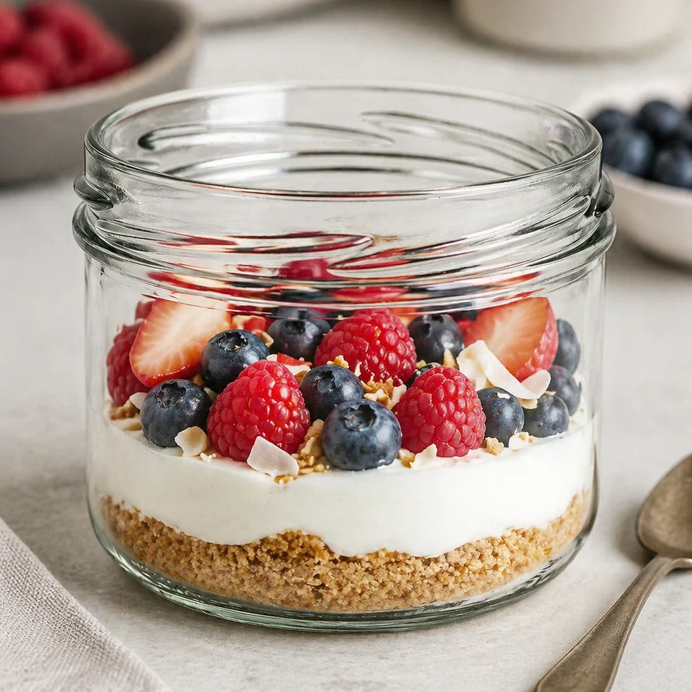 UNiTWIST Sturz260 Rundglas 260ml TO82 mit Joghurt Beeren Müsli gefüllt als Dessert im Glas Produktbild