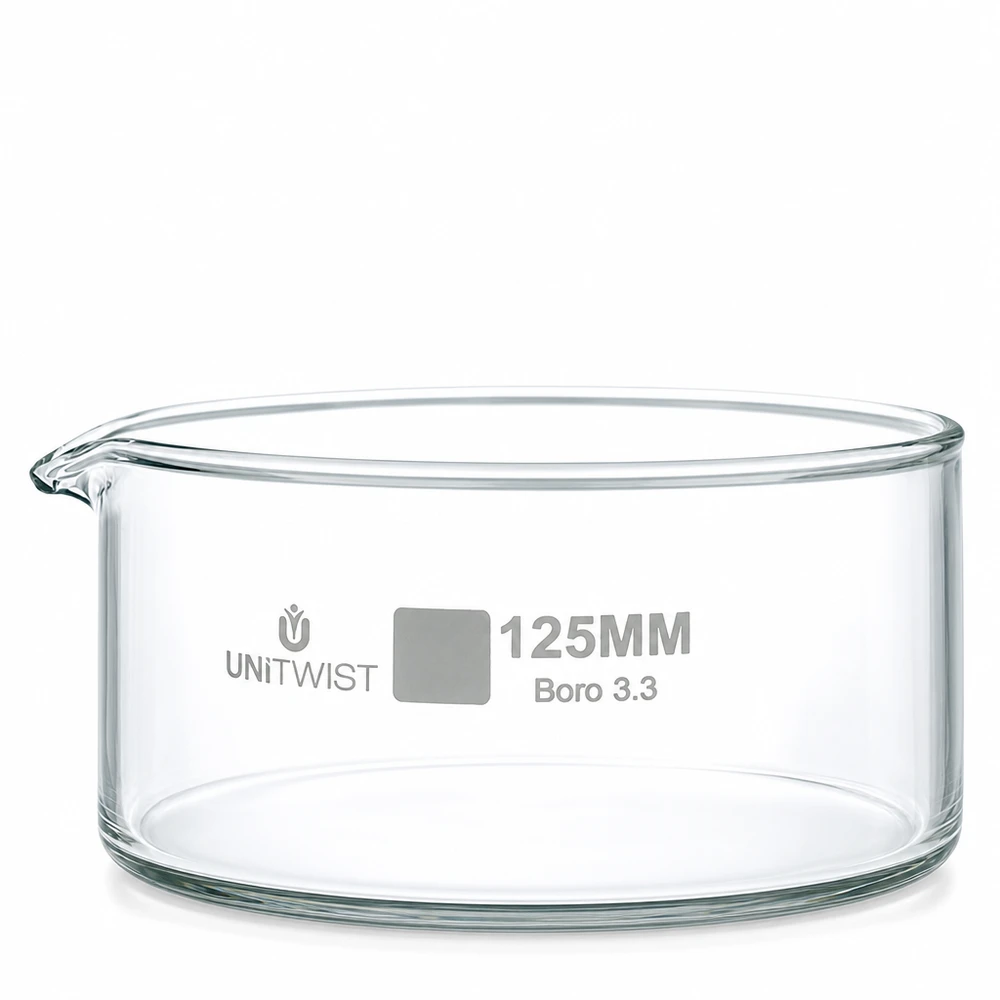 Kristallisierschale 125mm Borosilikatglas 3.3 UNiTWIST mit Ausguss für Labor und Gewerbe