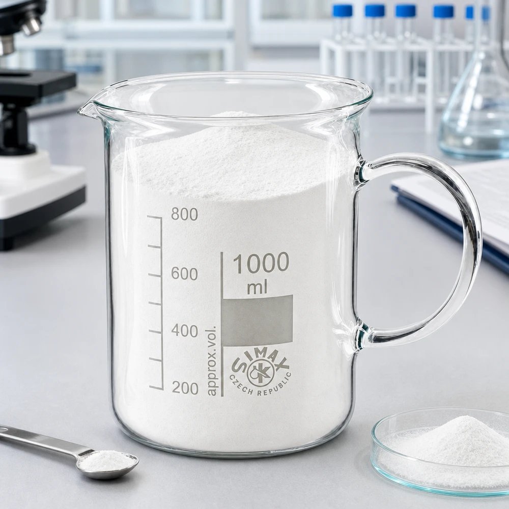 Becherglas 1000ml Borosilikatglas mit Henkel gefüllt mit weißem Pulver im Laborumfeld