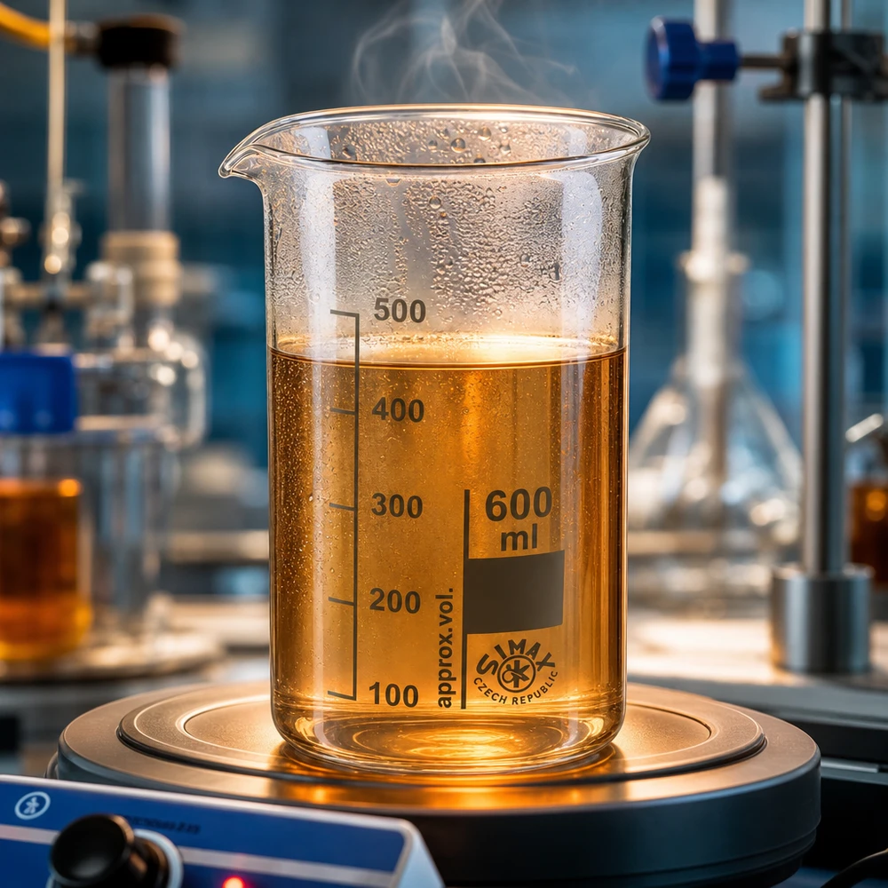 Becherglas 600ml hohe Form aus Borosilikatglas auf Heizplatte im Labor mit amber Flüssigkeit