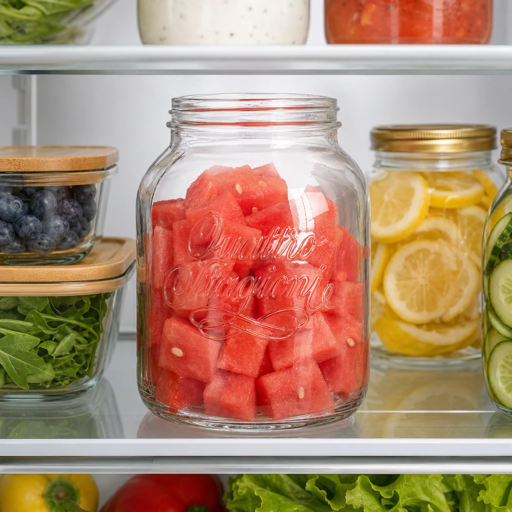 3000ml Rundglas "Quattro Stagioni" QS110mm 3000ml Quattro Stagioni Haushaltsglas mit Wassermelone im Kühlschrank für Meal Prep und Lebensmittel Aufbewahrung