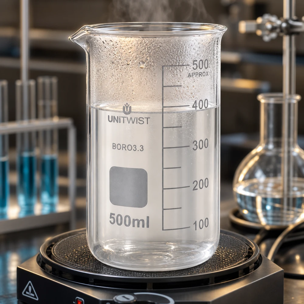 Becherglas 500ml Borosilikat, hohe Form UNiTWIST Becherglas 500ml Borosilikat hohe Form UNITWIST auf Heizplatte im Labor professioneller Einsatz