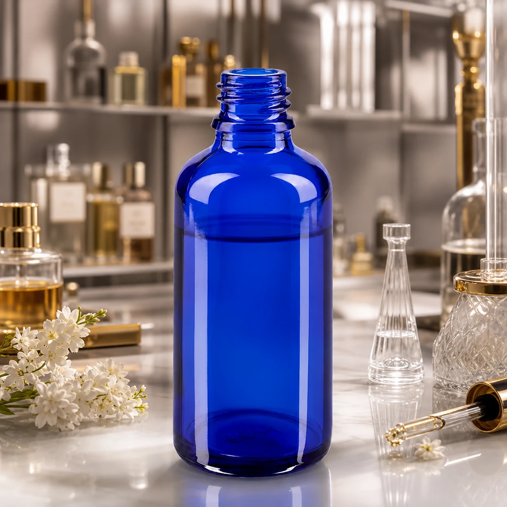 50ml blaue Apothekerflasche aus hochwertigem ApoGlas für professionelle pharmazeutische und kosmetische Anwendungen
