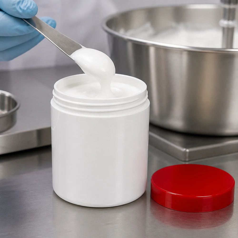 Salbenkruke 30g weiß mit rotem Schraubdeckel (Polypropylen) Salbenkruke 30g weiß PP-Kunststoff mit rotem Schraubdeckel für professionelle Abfüllung pharmazeutischer Cremes