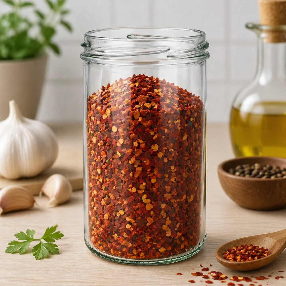 UNiTWIST Sturz277 Sturzglas 277ml TO66 mit roten Gewürzflocken gefüllt in Küche mit Kräutern und Öl