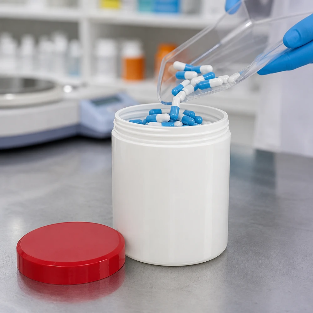 Salbenkruke 30g weiß PP-Kunststoff mit rotem Schraubdeckel für pharmazeutische Abfüllung im Labor
