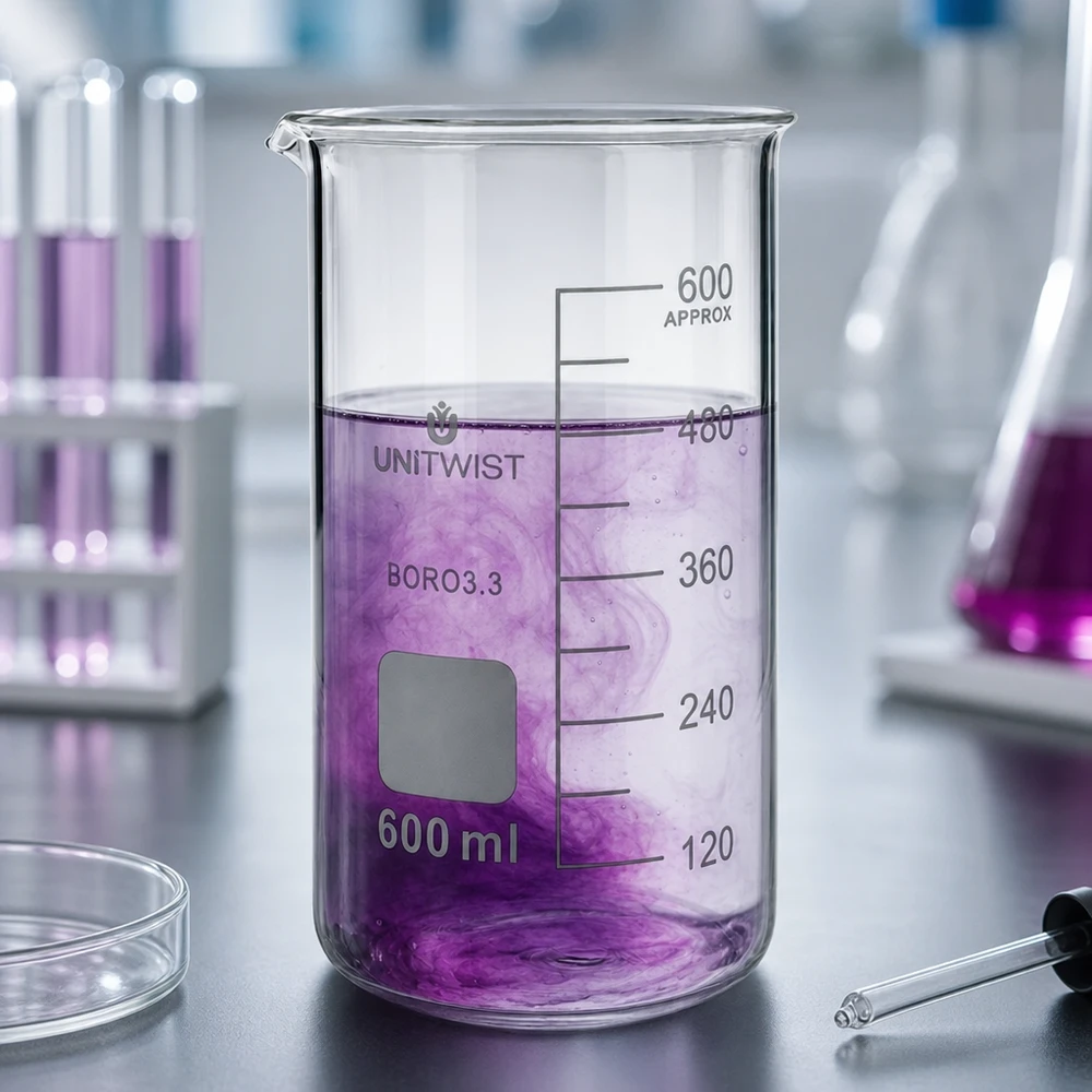 Becherglas 600ml Borosilikat hohe Form UNITWIST mit lila Lösung im Labor für professionellen Einsatz