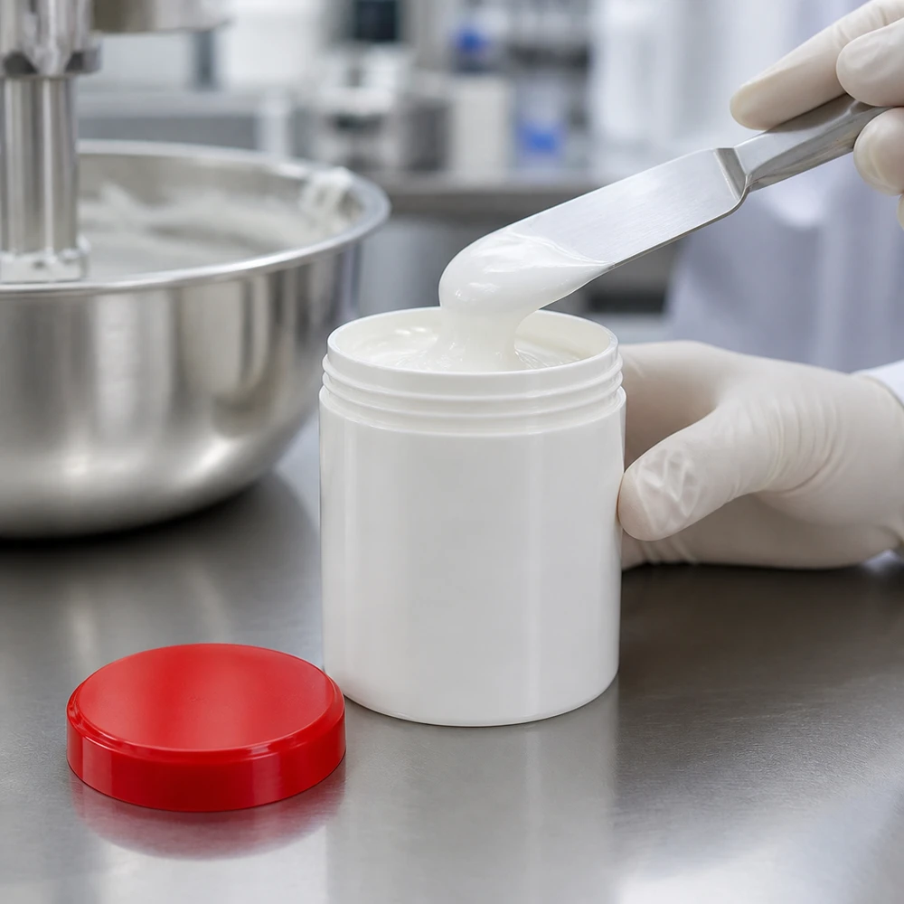 Salbenkruke 10g aus PP weiß mit rotem Schraubdeckel für professionelle pharmazeutische Abfüllung