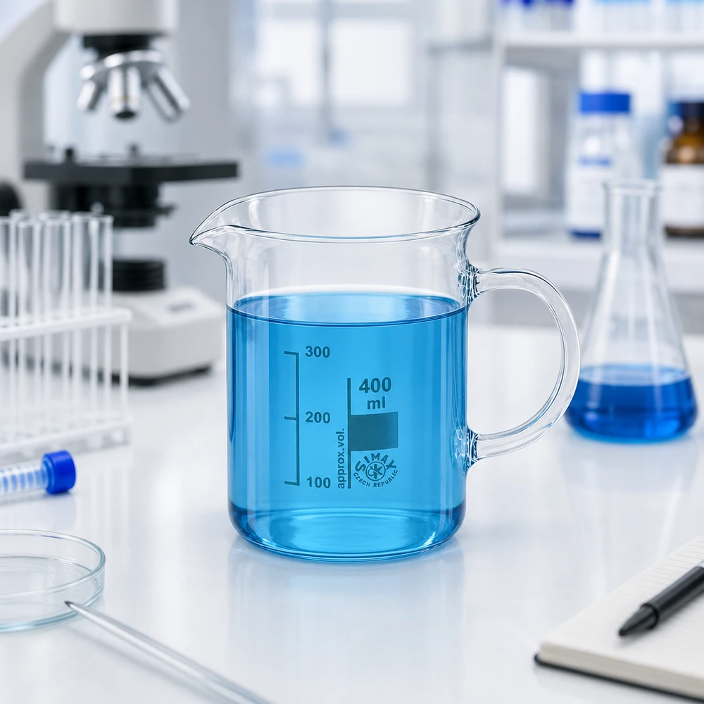 Becherglas 400ml Borosilikatglas mit Henkel gefüllt mit blauer Flüssigkeit im Labor