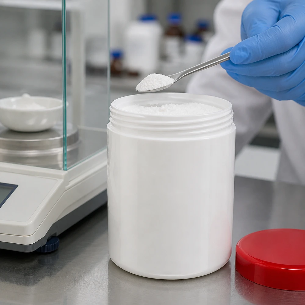 Salbenkruke 20g weiß mit rotem Schraubdeckel (Polypropylen) Weiße PP-Salbenkruke 20g mit rotem Schraubdeckel für professionelle Abfüllung im Labor