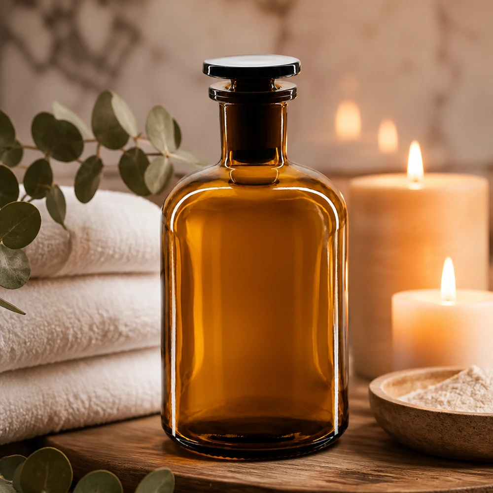 Braune Enghals-Rundschulterflasche 250ml aus Glas mit Glasstopfen für professionellen Laboreinsatz