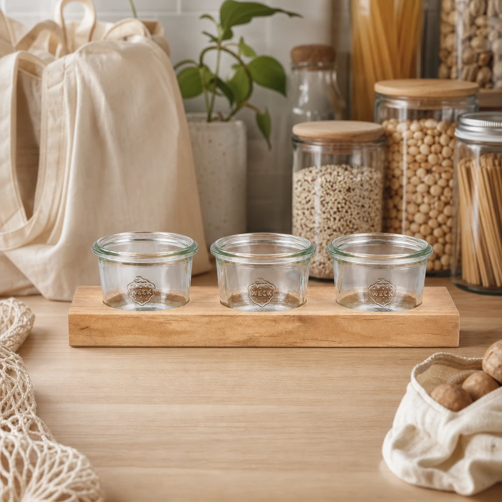 Servierbrett Plano3 mit 3 Weck Sturzgläsern 80ml Nachhaltiges Servierbrett Plano3 mit 3 leeren Weck Sturzgläsern 80ml in Zero-Waste Küche mit Vorratsgläsern