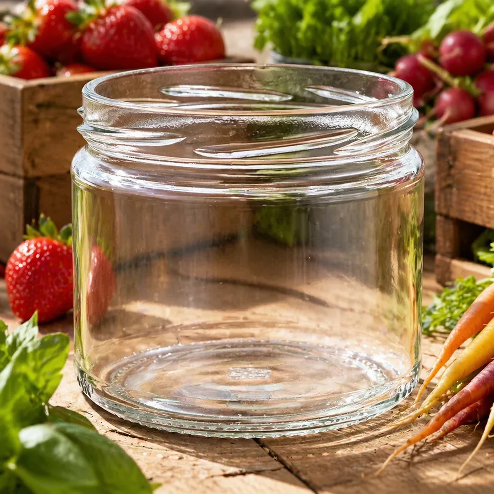 UNiTWIST Runda330 Rundglas 330ml TO82 leer auf Holzbrett mit frischem Gemüse Erdbeeren Karotten Radieschen arrangiert