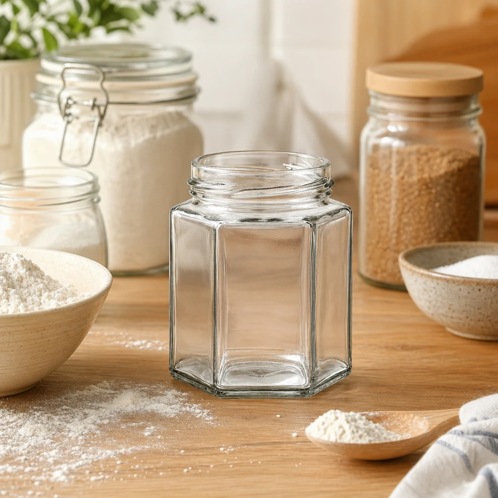 UNiTWIST Hexa196 sechseckiges Glas 196ml TO53 Gewinde leer auf Holztisch in moderner Küche mit Vorratsgläsern