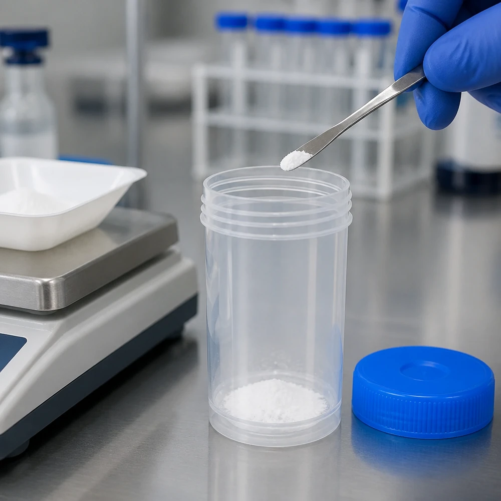Universal Kunststoffdose (Pathogefäss) 100ml Kunststoffdose 100ml mit blauem Schraubdeckel im Labor für professionelle Probenentnahme und sichere Aufbewahrung