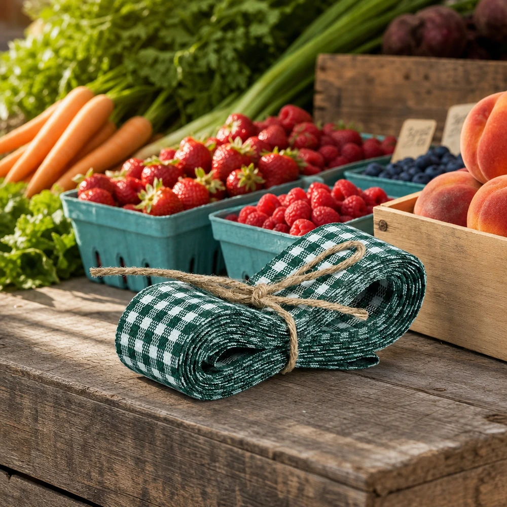Stoffband grün/weiss zum Dekorieren 300cm Grün-weißes Stoffband 300cm auf Holztisch mit frischen Beeren Karotten und Pfirsichen für Marktstand-Deko