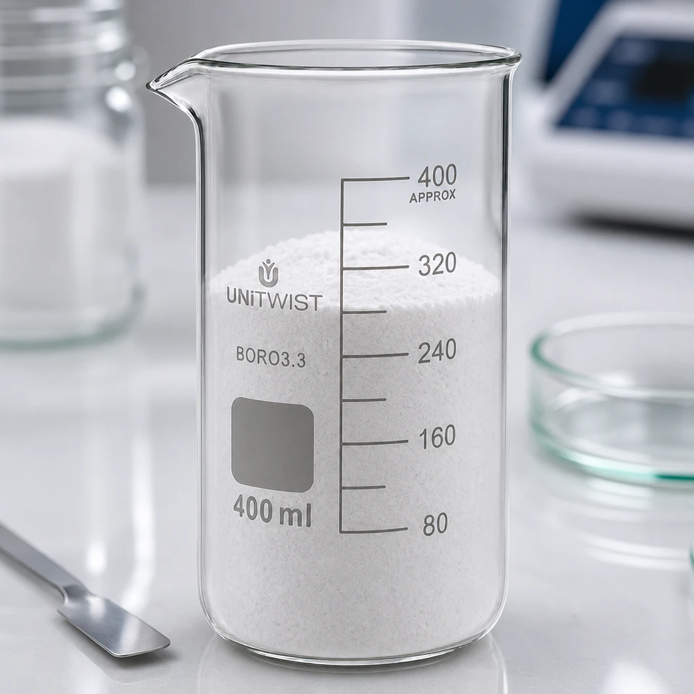 Becherglas 400ml Borosilikat, hohe Form UNiTWIST Becherglas 400ml Borosilikat hohe Form UNITWIST mit weißem Pulver im Labor Profi-Laborglas BORO3.3