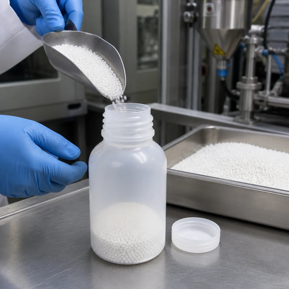 100ml Weithals-Laborflasche aus PE wird in professioneller Laborumgebung mit weißen Granulat-Pellets befüllt