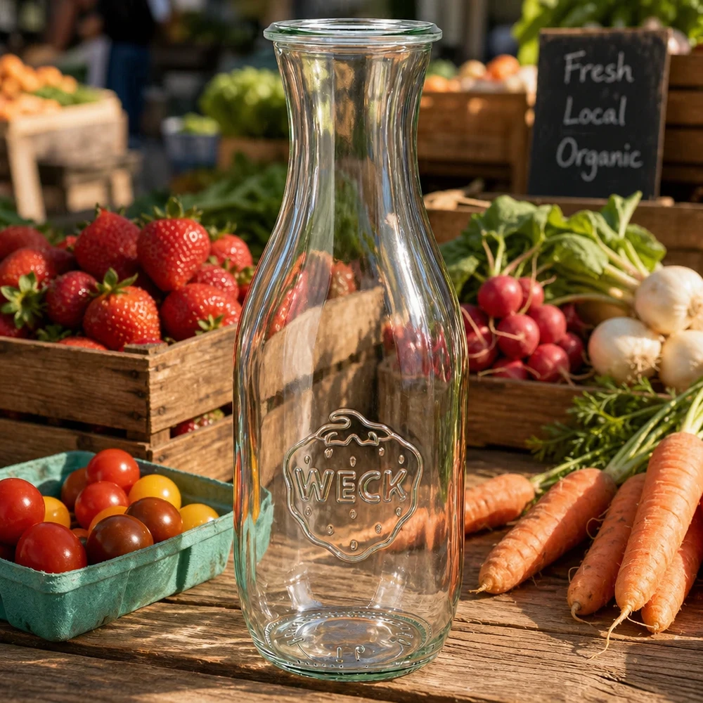 1062ml Saftflasche WECK RR60 WECK Saftflasche 1062ml RR60 auf Holztisch mit frischem Marktgemüse Karotten Radieschen Tomaten und Bio-Schild