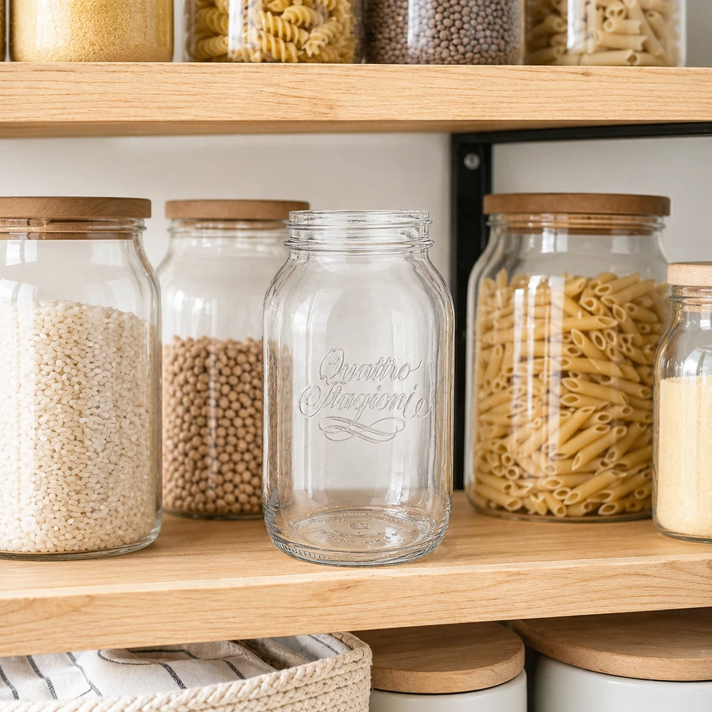 1500ml Rundglas "Quattro Stagioni" QS86mm 1500ml Quattro Stagioni Haushaltsglas leer auf Holzregal neben gefüllten Vorratsgläsern mit Pasta und Hülsenfrüchten
