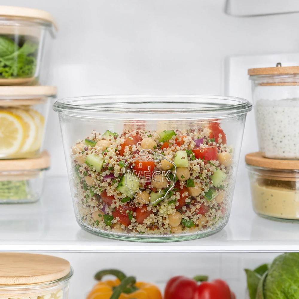 WECK Sturzglas 370ml RR100 mit Quinoa-Salat gefüllt im Kühlschrank für Meal Prep und Vorratshaltung