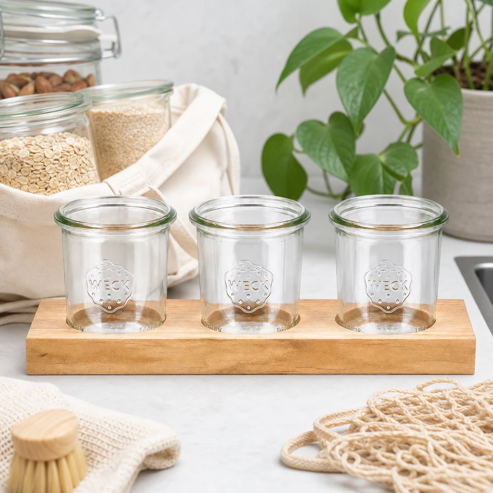 Leere WECK Sturzgläser 140ml auf Holzservierbrett Plano3 in nachhaltiger Zero-Waste Küche mit Naturfasern
