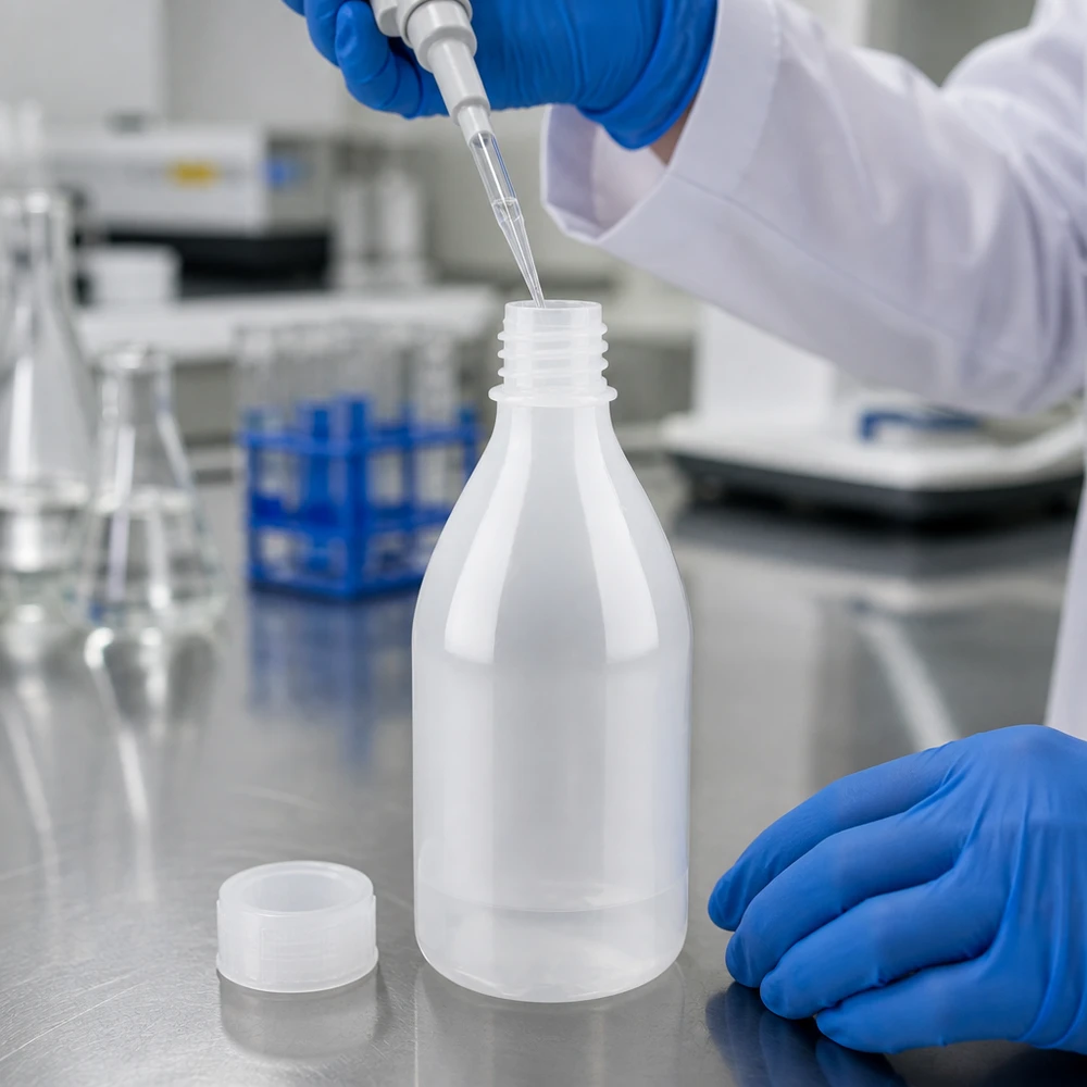 100ml Enghals-Laborflasche aus Kunststoff für professionellen Laboreinsatz bei Pacadura.de