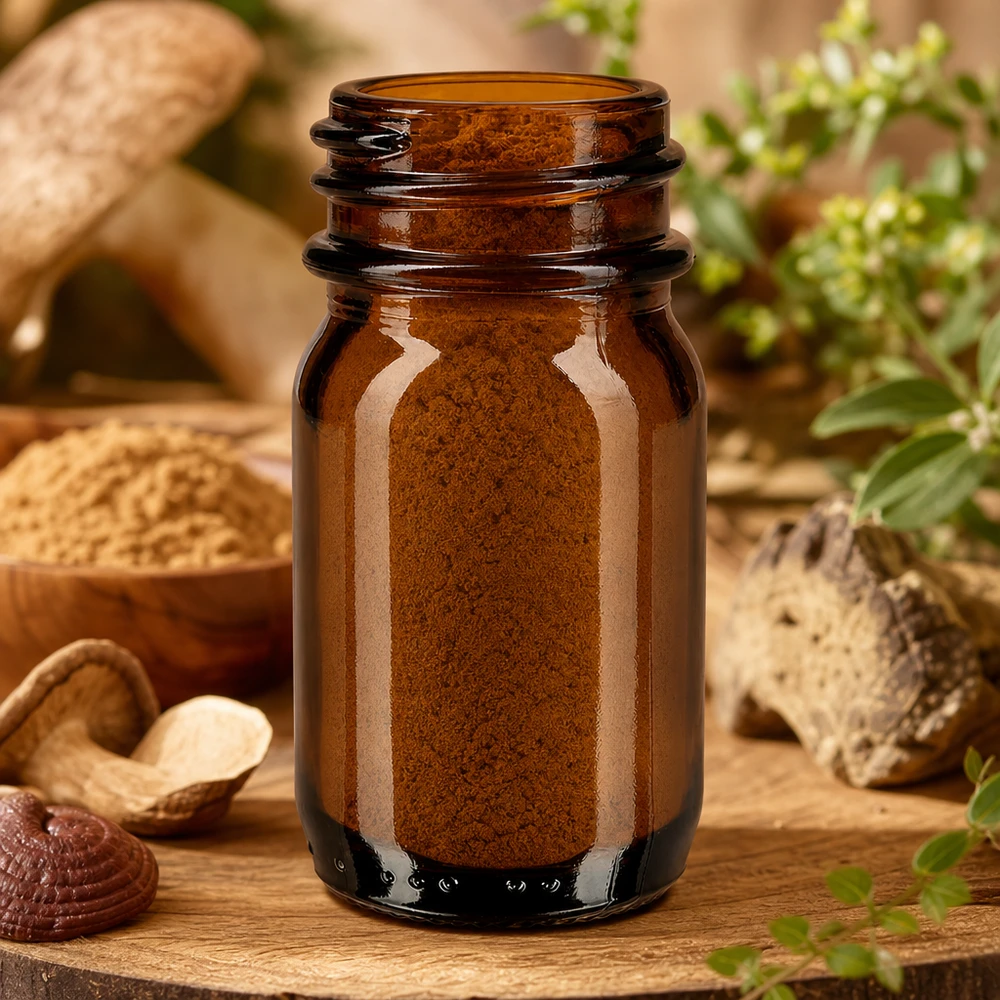 30ml Weithalsflasche Braunglas 30ml Braunglas Weithalsflasche für professionelle Anwendung mit braunem Pulver auf Holzuntergrund bei Pacadura